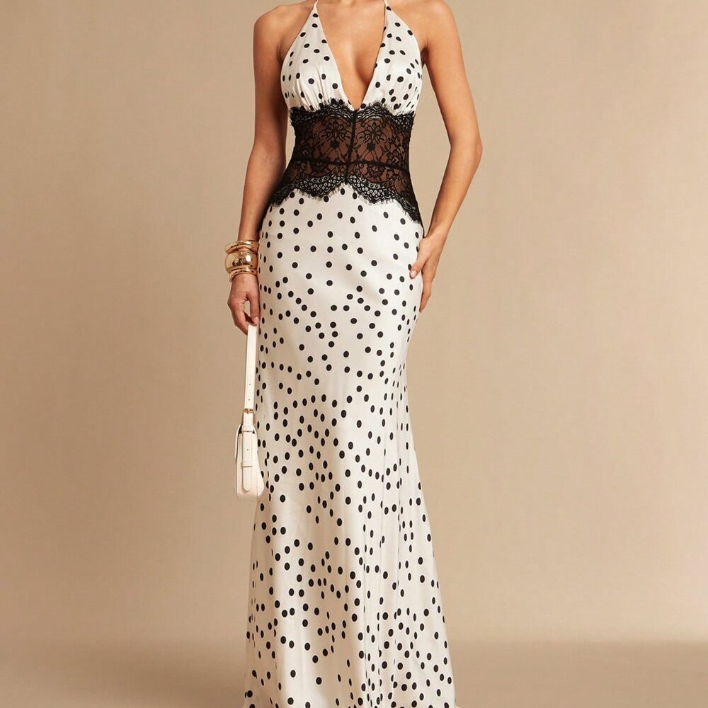 White Sexy Women's Deep V-Neck Polka Dot Lace Halter Maxi Dress